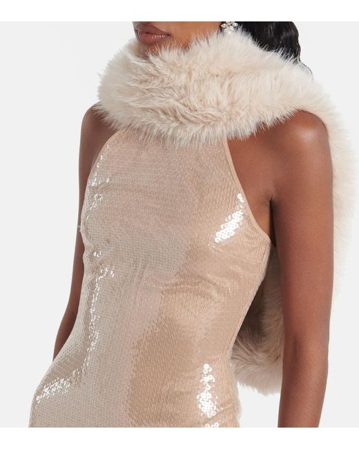 David Koma Natural Sequined Faux Fur Minidress