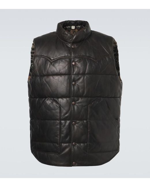 RRL Black Reversible Leather And Cotton Puffer Vest for men