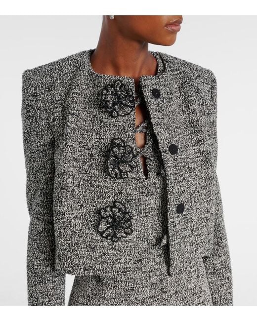 Oscar de la Renta Gray Floral-Applique Cotton-Blend Tweed Jacket