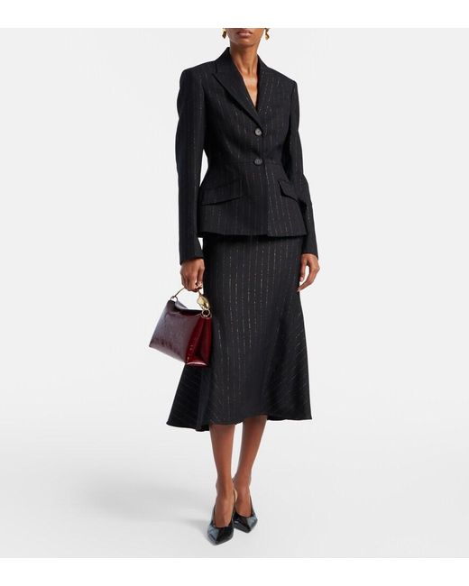 Erdem Black Pinstripe Wool Midi Skirt