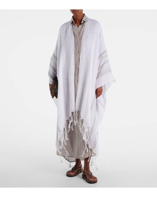 Brunello Cucinelli White Fringed Linen Poncho