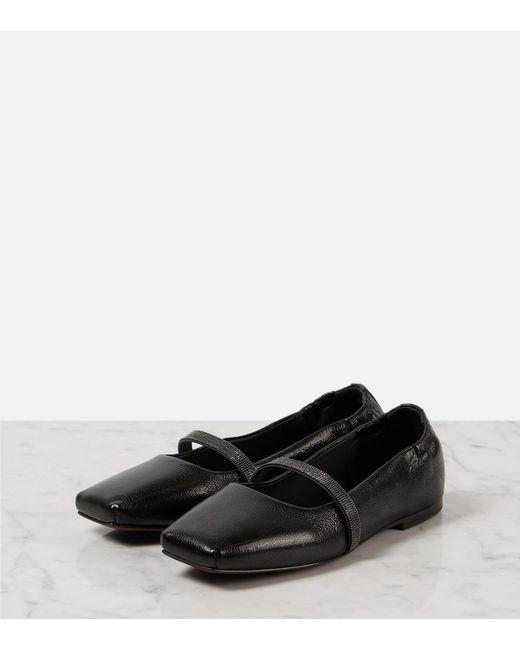 Brunello Cucinelli Black Nappa Ballerina With Shiny Strap