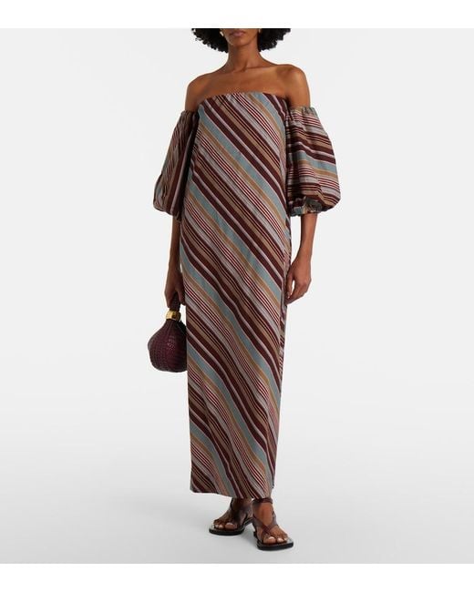 Adriana Degreas Purple Striped Off-Shoulder Cotton-Blend Maxi Dress
