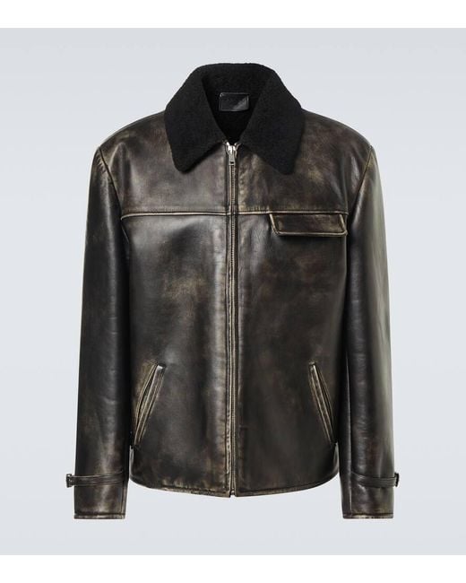 Prada Black Shearling-Trimmed Leather Jacket for men