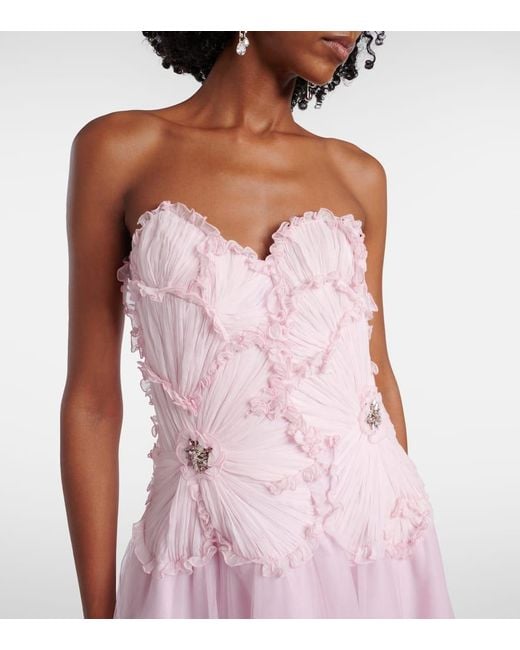 Costarellos Pink Edra Embellished Tulle Bustier Gown