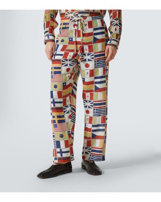 Bode Blue International Printed Linen Straight Pants for men