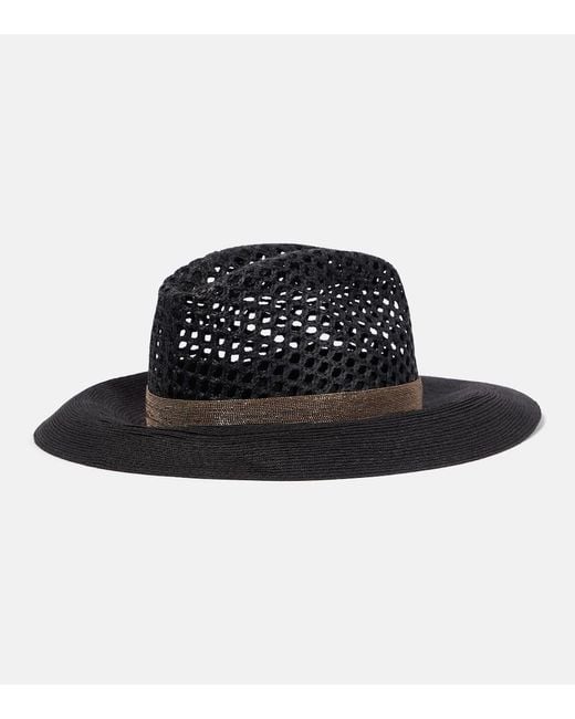 Brunello Cucinelli Black Embellished Straw Fedora Hat