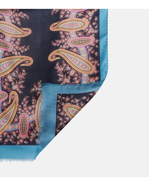 Etro Blue Floral Wool Cashmere And Silk Scarf
