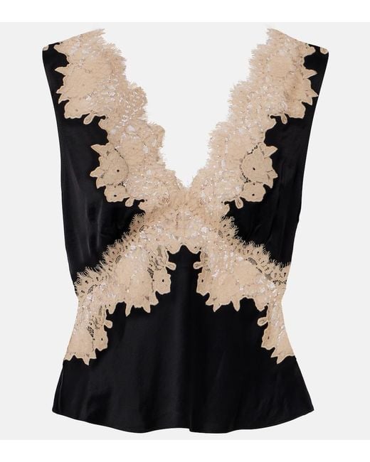 Rixo Black Emmie Lace-Trimmed Satin Top