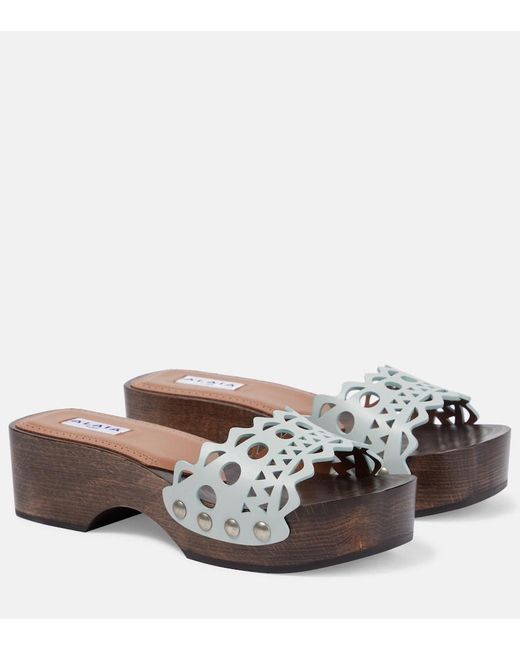 Alaïa Green Vienne Leather And Wood Slides