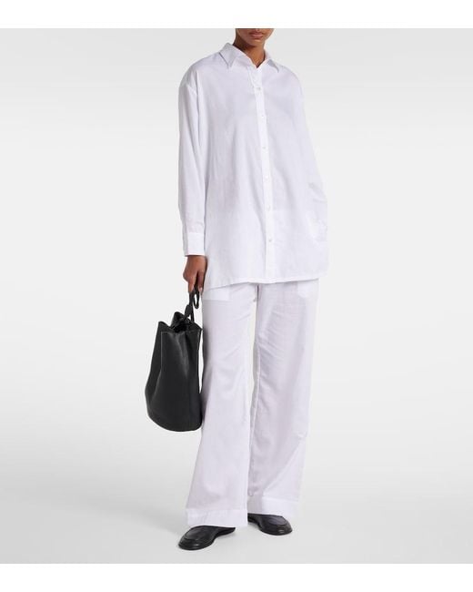 Leset White Yoko Mid-Rise Cotton Wide-Leg Pants