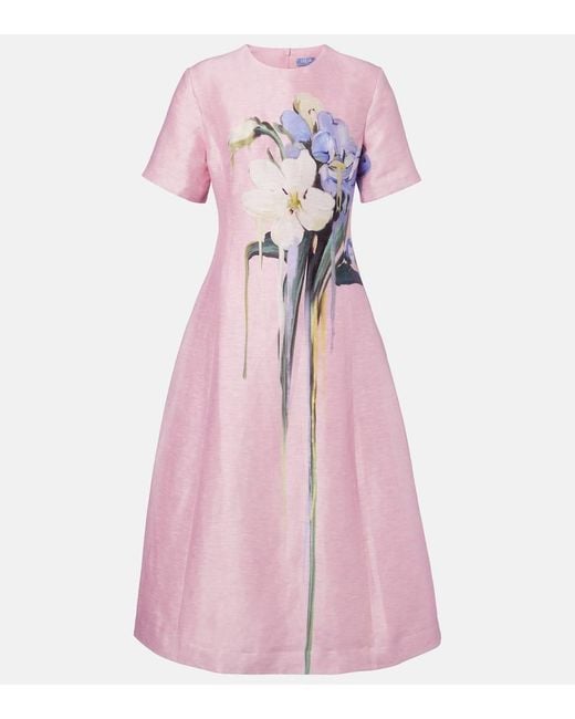 LEO LIN Pink Caroline Floral Linen-Blend Midi Dress
