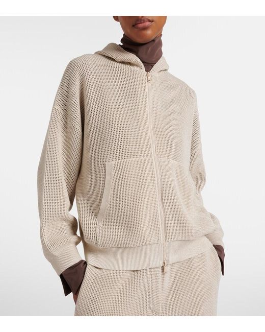 Brunello Cucinelli White Open-Knit Cotton-Blend Lame Zip-Up Hoodie