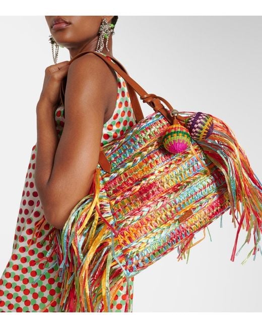 Aquazzura Red Trancoso Fringed Raffia Tote Bag