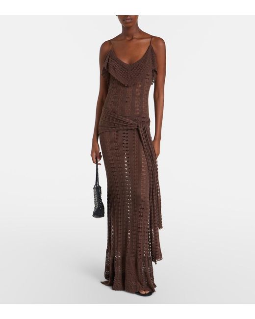 AYA MUSE Brown Ruffled Pointelle Maxi Dress