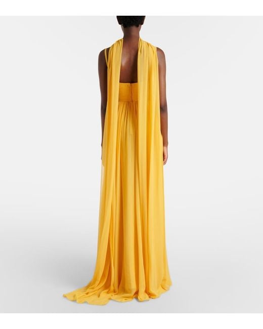 Elie Saab Yellow Embellished Scarf-Detail Silk Gown