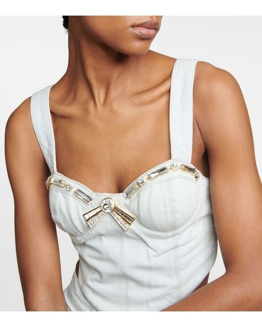 Area White Crystal-embellished Denim Crop Top