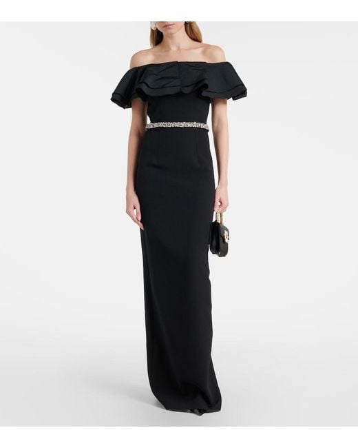 Safiyaa Black Ryan Crystal-Embellished Ruffled Crepe Gown