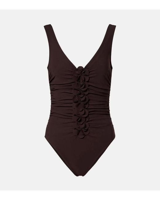 Karla Colletto Brown Tess Floral-Applique Swimsuit