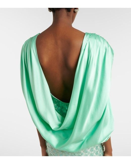 La Fuori Green Sequined Caped Open-Back Gown