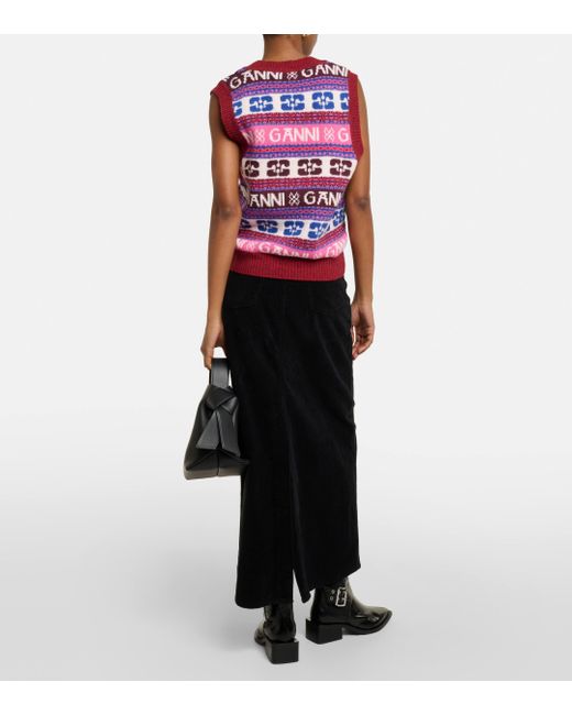 Gilet en laine Jacquard avec motif de logo Ganni en coloris Multicolor