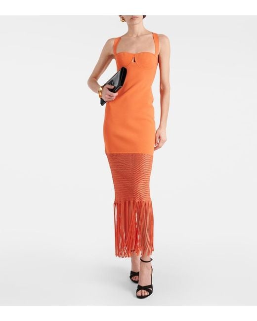 Galvan Orange Fringed Midi Dress
