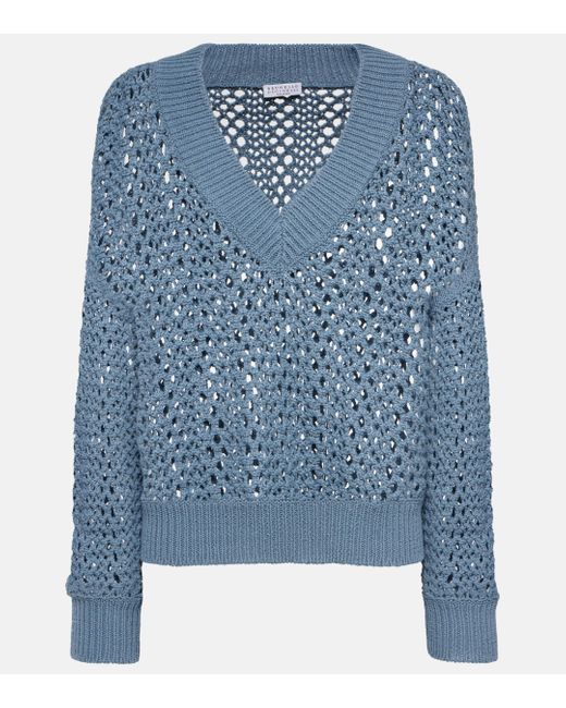Brunello Cucinelli Blue Open-knit Cotton-blend Sweater
