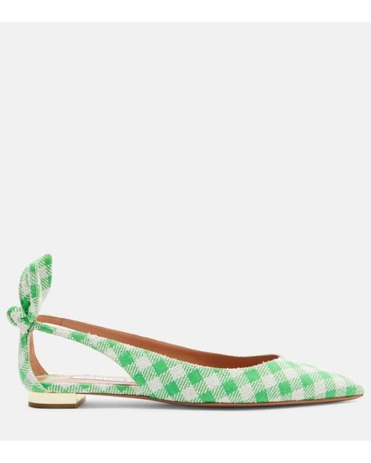 Aquazzura Green Bow Tie Bow-Detail Checked Ballet Flats