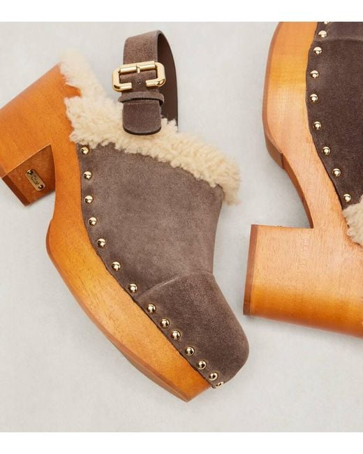 Mules Compensees Jeannette En Daim Et Shearling Chloé en coloris Brown
