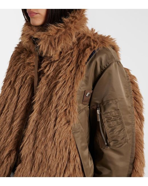 Sacai Brown Faux Fur And Technical Jacket