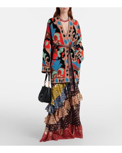 Etro Red Jacquard Wool-Blend Wrap Cardigan