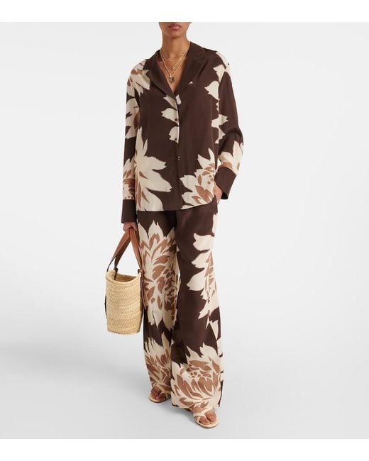 Sir Brown Floral Silk Satin Wide-Leg Pants