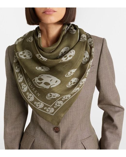 McQueen Green Printed Silk Scarf