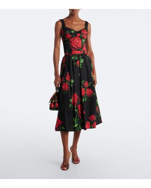 Dolce & Gabbana Red Floral Cotton Poplin Midi Skirt