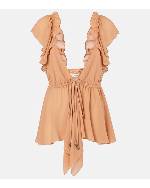 Top De Chifon De Seda Con Volantes Chloé de color Brown