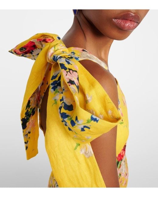 Zimmermann Yellow One-shoulder Floral Linen Midi Dress