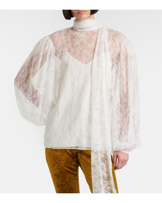 Gucci White Scarf-Detail Sheer Floral Blouse