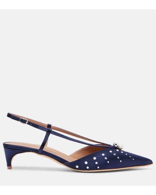 Malone Souliers Blue Moore 40 Embellished Satin Slingback Pumps