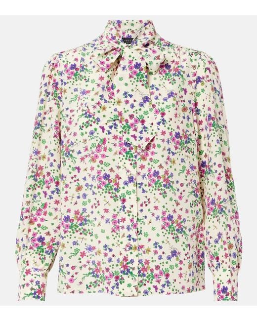 Gucci White Floral Tie-Neck Silk Shirt