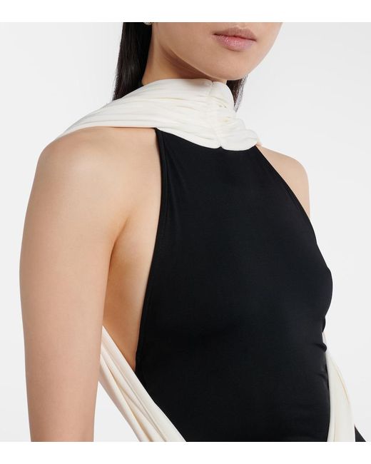 The New Arrivals Ilkyaz Ozel Black Leia Scarf-Detail Halterneck Gown
