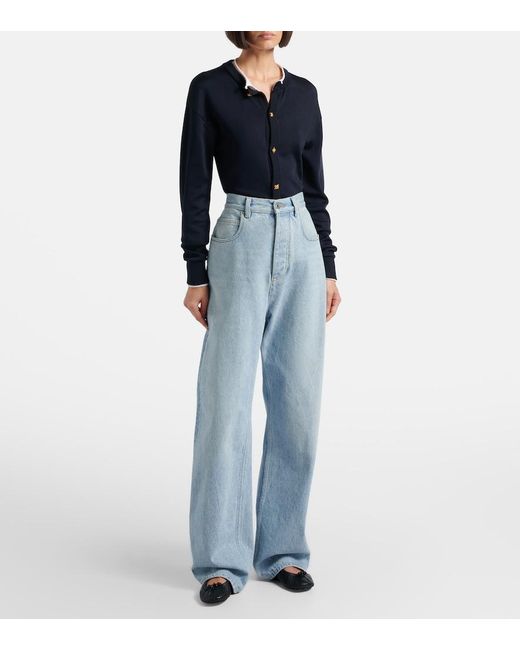 Bottega Veneta Blue Intrecciato Leather-Trimmed Wide-Leg Jeans