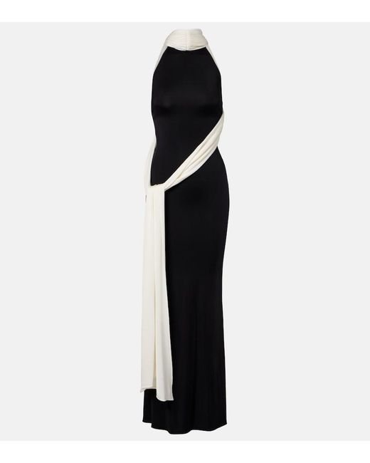 The New Arrivals Ilkyaz Ozel Black Leia Scarf-Detail Halterneck Gown
