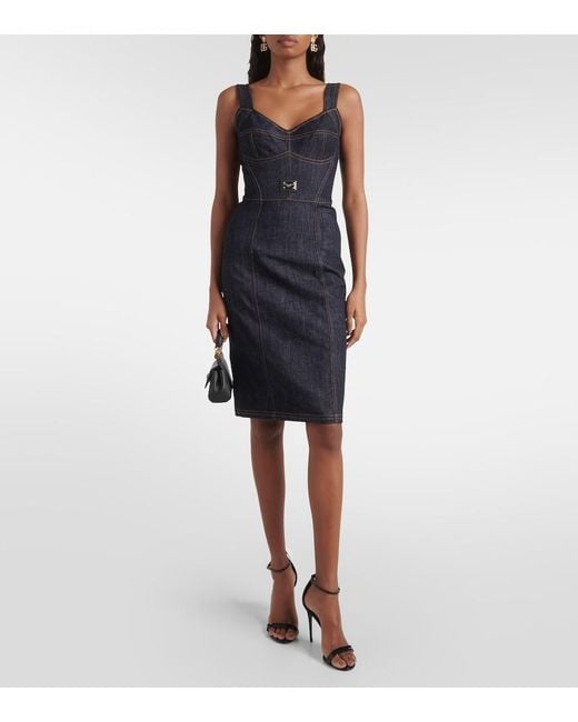 Dolce & Gabbana Black Logo Embroidered Denim Midi Dress