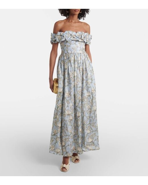 Agua Bendita White Espliego Ruffled Floral Linen Maxi Dress