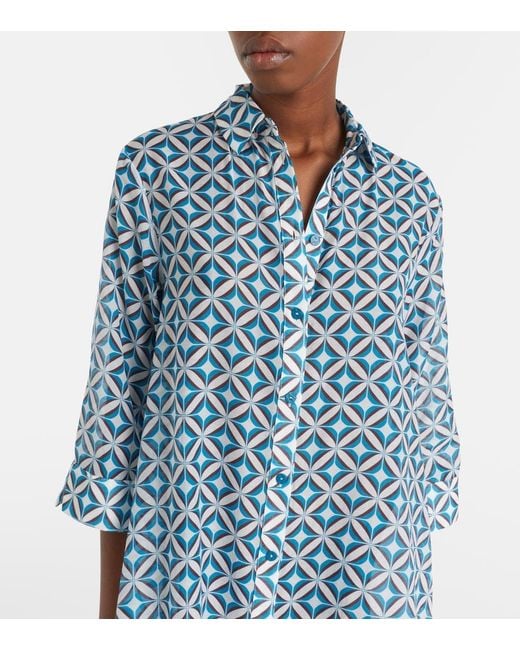 Max Mara Blue Steppa Printed Cotton And Silk Midi Dress