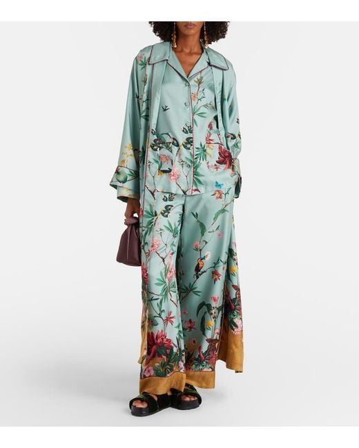 LaDoubleJ Green Printed Silk Twill Wide-Leg Pants