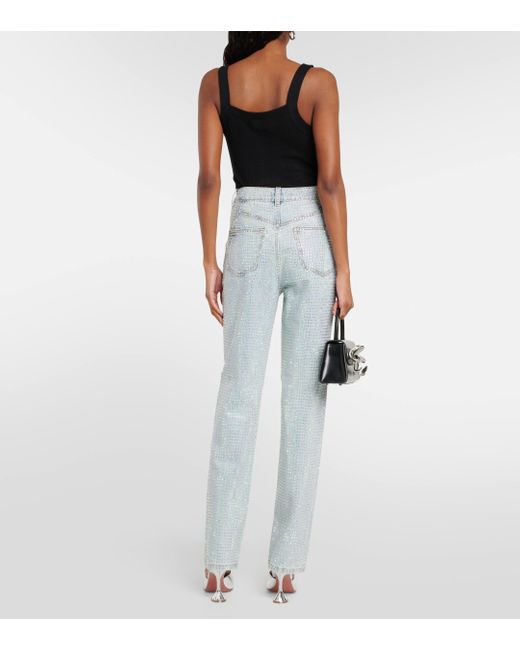 Self-Portrait Blue Embellished High-rise Straight Jeans