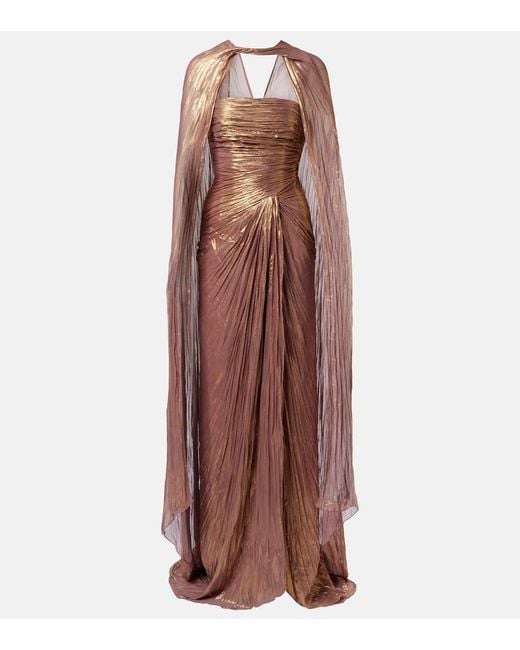 Marmar Halim Brown Caped Pleated Bustier Gown