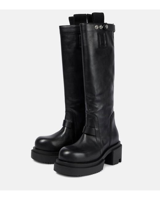 Rick Owens Black Pull On Leather Knee Hi Boots