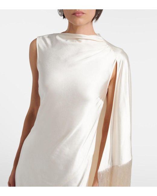 Self-Portrait White Caped Fringed Satin Gown